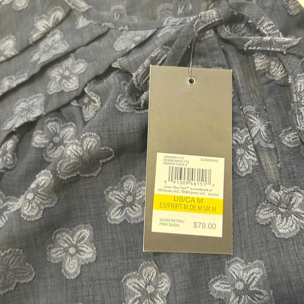 NWT Jones New York Signature Women Top M Denim Floral Embroidered Ruffle Neck - Picture 3 of 11
